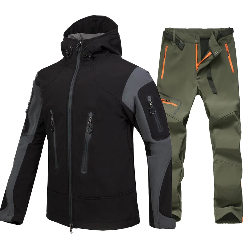 Hiking Suit Men Waterproof Warm Softshell Jacket And Pants Outdoor Trekking Camping Hooded Fleece Jacket Windproof Ski Trousers