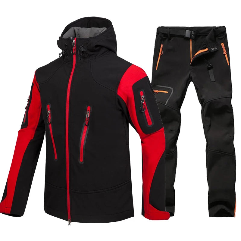 Hiking Suit Men Waterproof Warm Softshell Jacket And Pants Outdoor Trekking Camping Hooded Fleece Jacket Windproof Ski Trousers