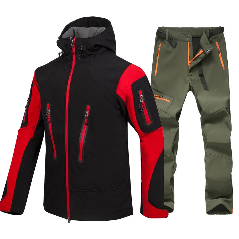 Hiking Suit Men Waterproof Warm Softshell Jacket And Pants Outdoor Trekking Camping Hooded Fleece Jacket Windproof Ski Trousers