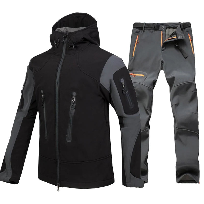 Hiking Suit Men Waterproof Warm Softshell Jacket And Pants Outdoor Trekking Camping Hooded Fleece Jacket Windproof Ski Trousers