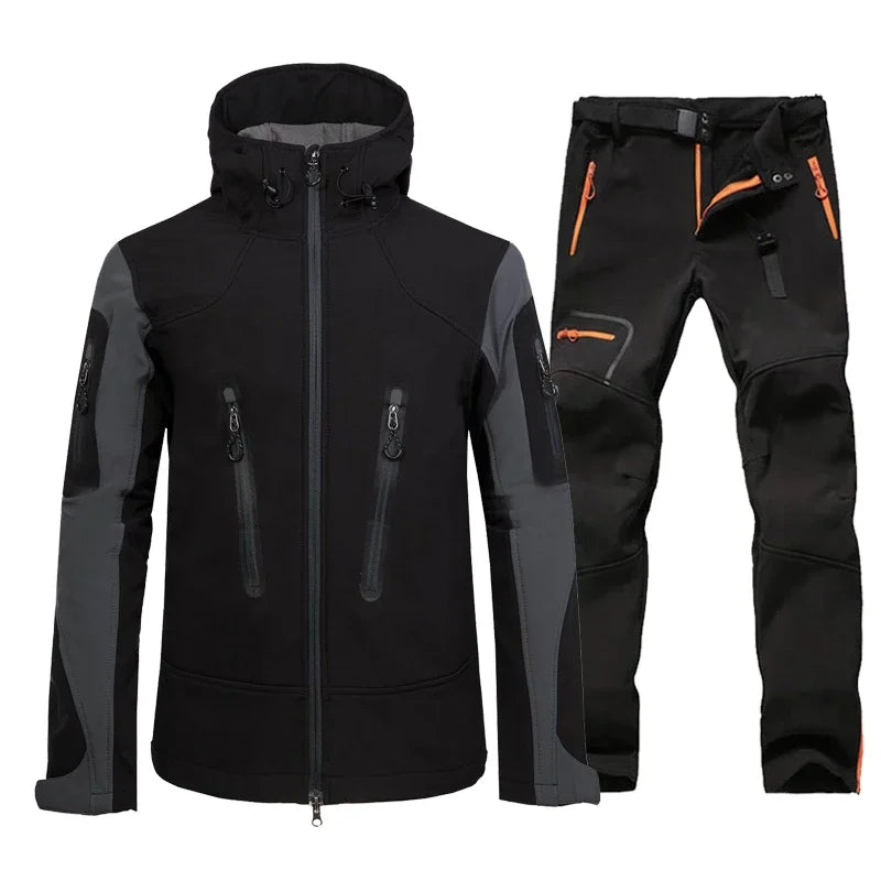Hiking Suit Men Waterproof Warm Softshell Jacket And Pants Outdoor Trekking Camping Hooded Fleece Jacket Windproof Ski Trousers