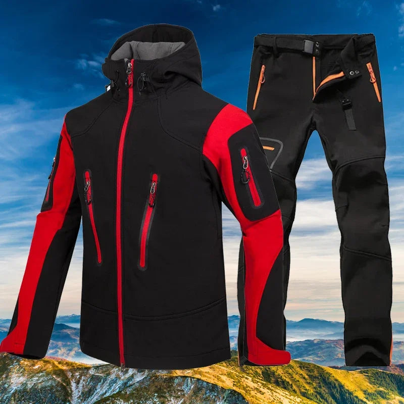 Hiking Suit Men Waterproof Warm Softshell Jacket And Pants Outdoor Trekking Camping Hooded Fleece Jacket Windproof Ski Trousers